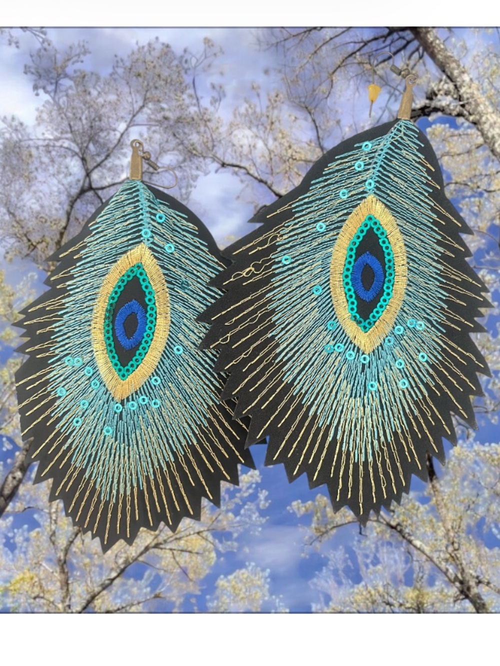 Vintage Peacock Feather Statement Earrings in Teal, Gold, Blue on Black - Picture 2 of 4